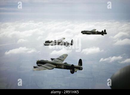 AVRO LANCASTER Three B.1 variants of RAF 44 Squadron based at Waddington, Lincolnshire, on 29 September 1942. Left to right: W4125,`KM-W', being flown by Sergeant Colin Watt, Royal Australian Air Force; W4162,`KM-Y', flown by Pilot Officer T.G. Hackney (later killed while serving with No. 83 Squadron); and W4187,`KM-S', flown by Pilot Officer J.D.V.S. Stephens DFM, who was killed with his crew two nights later during a raid on Wismar.. Photo: IWM Stock Photo